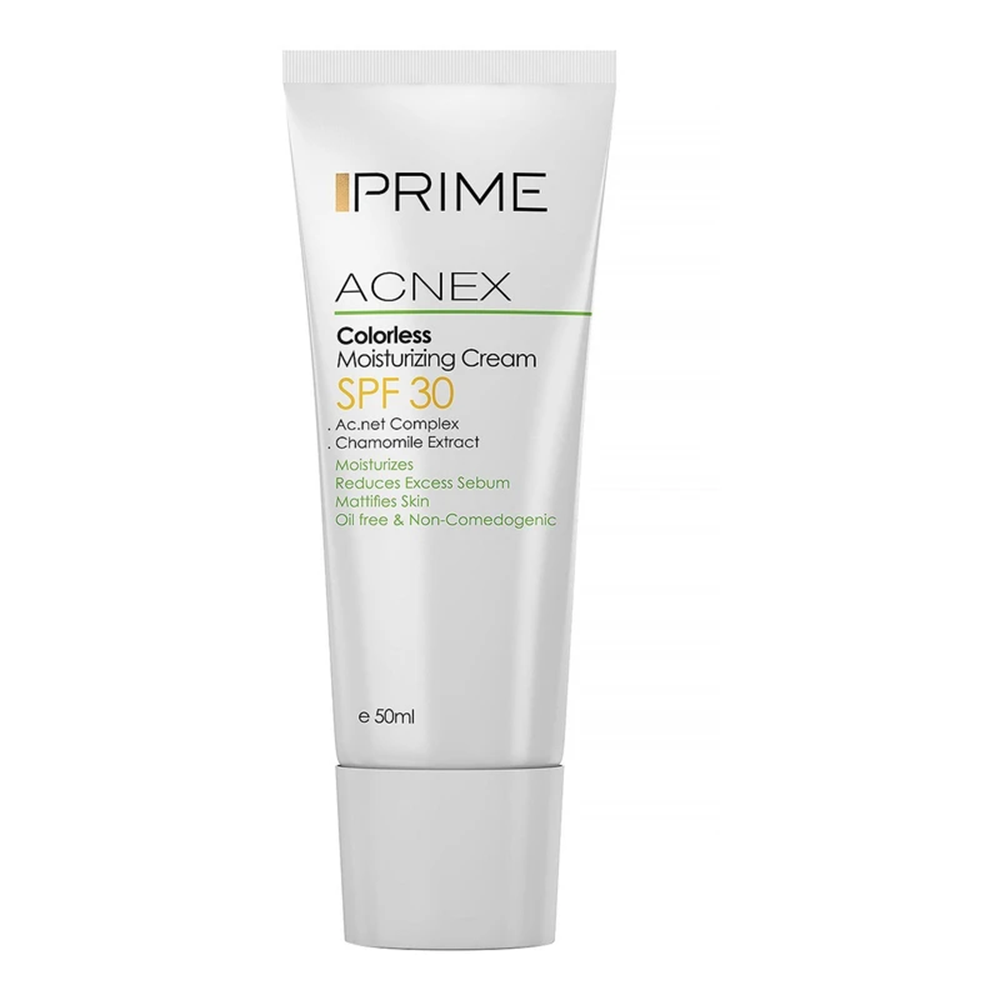 کرم مرطوب کننده بدون رنگ پرایم مدل Acnex SPF 30 حجم 50 میل